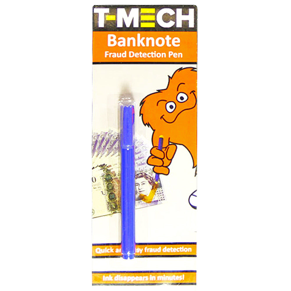 Fünf blaue Geldscheinprüfstifte in einer Verpackung mit orangefarbenem Hintergrund und einer cartoonhaften Figur, ideal zur Betrugserkennung