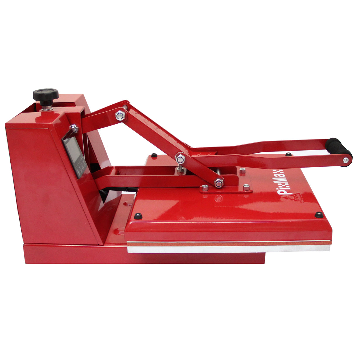 Kompakte, rote 38-cm-Klapppresse mit robustem Metallrahmen, ideal für den Druck auf Textilien und Vinyl, mit ergonomischem Hebel und präziser Steuerung