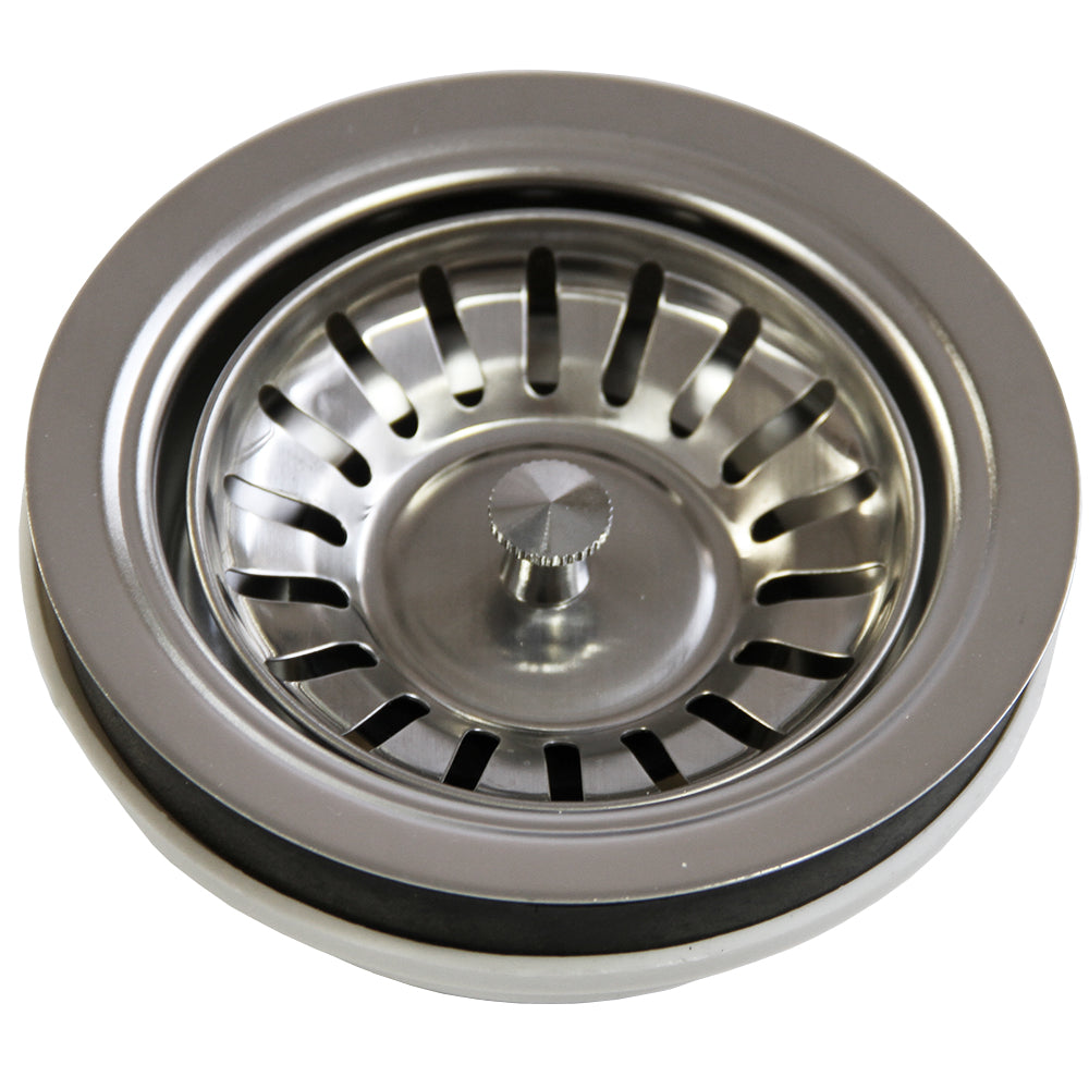 Edelstahlspüle mit glänzender Oberfläche und runder Form, ausgestattet mit einem zentralen Abfluss und feinen Belüftungslöchern für optimale Funktionalität