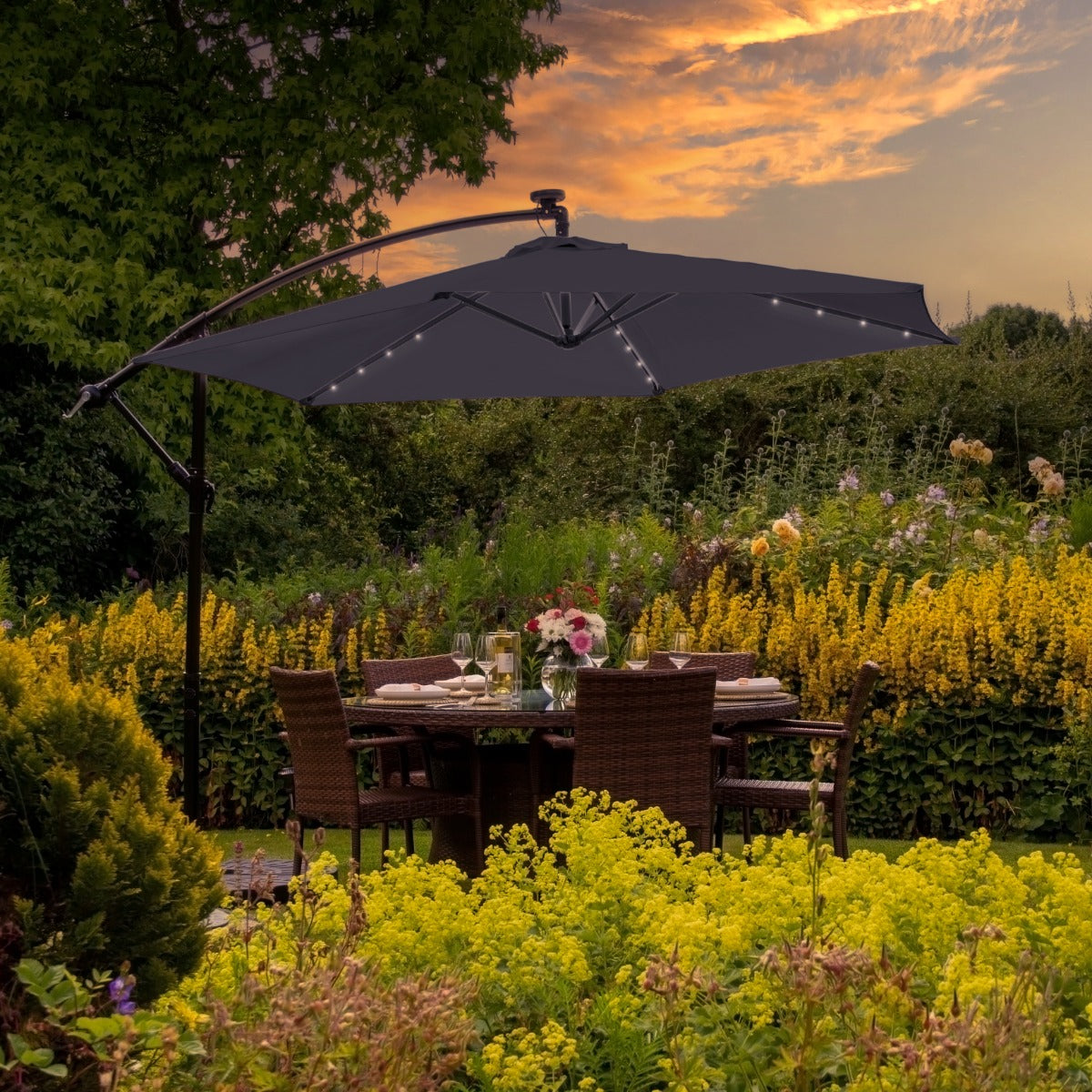 300cm LED Ampelschirm Sonnenschirm mit fächerförmigem Sockel - Grau