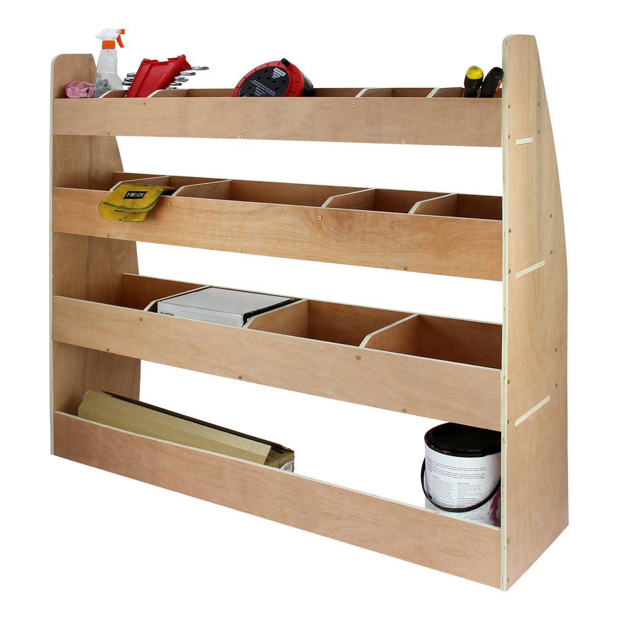 Rauchgraues Regalsystem aus Holz für VW Caddy mit drei offenen Fächern und einer oberen Ablage, ideal für die Organisation von Werkzeugen und Materialien