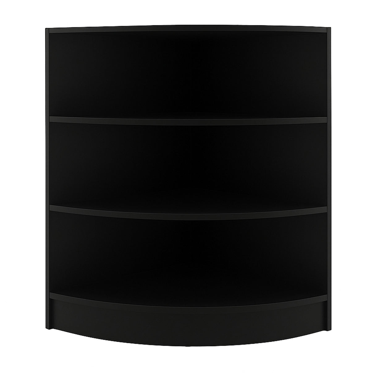 Schwarze Ladentheke für Ecken mit abgerundeter Form, drei offene Regalböden und glatter, mattschwarzer Oberfläche, ideal für Verkaufsräume