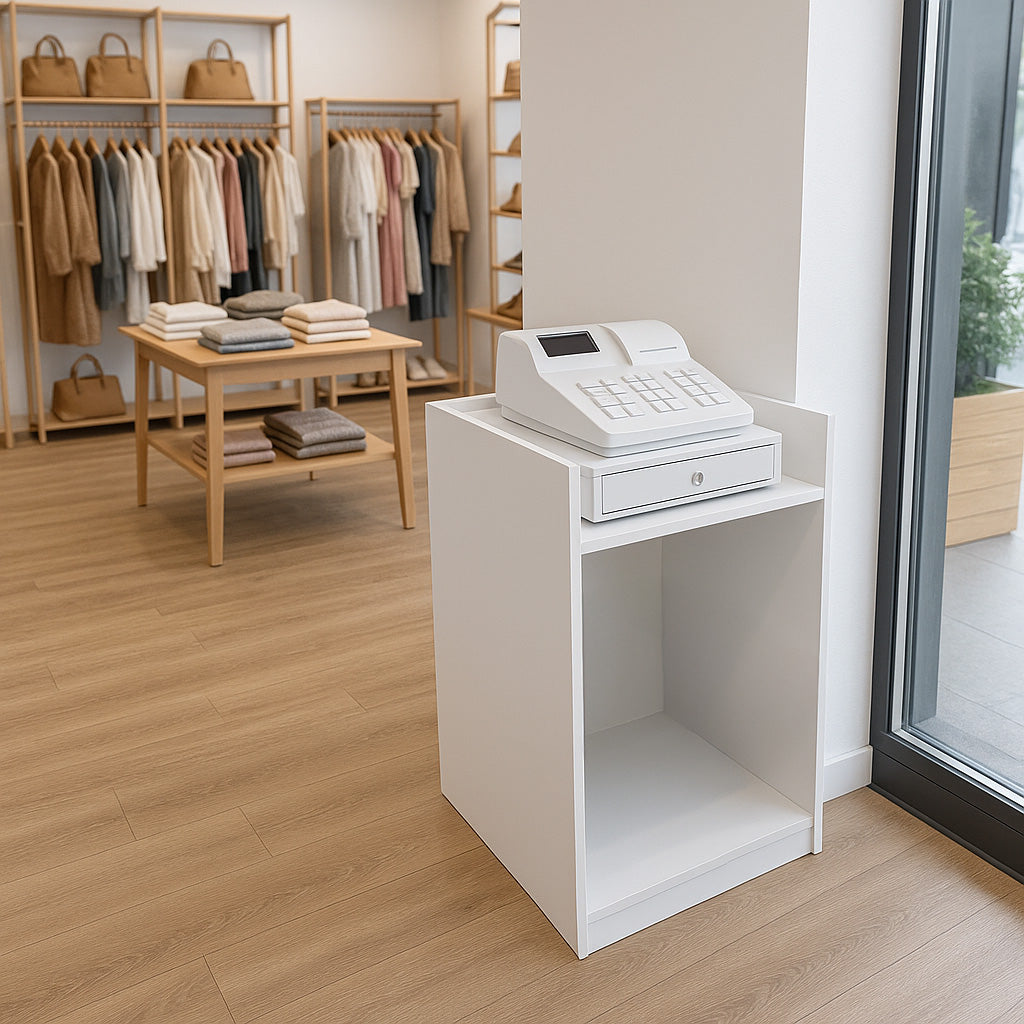 TB60 Ladentheke mit Kassenblock – Weiß
