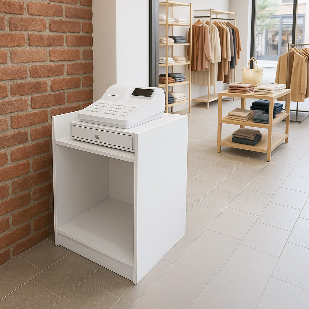 TB60 Ladentheke mit Kassenblock – Weiß