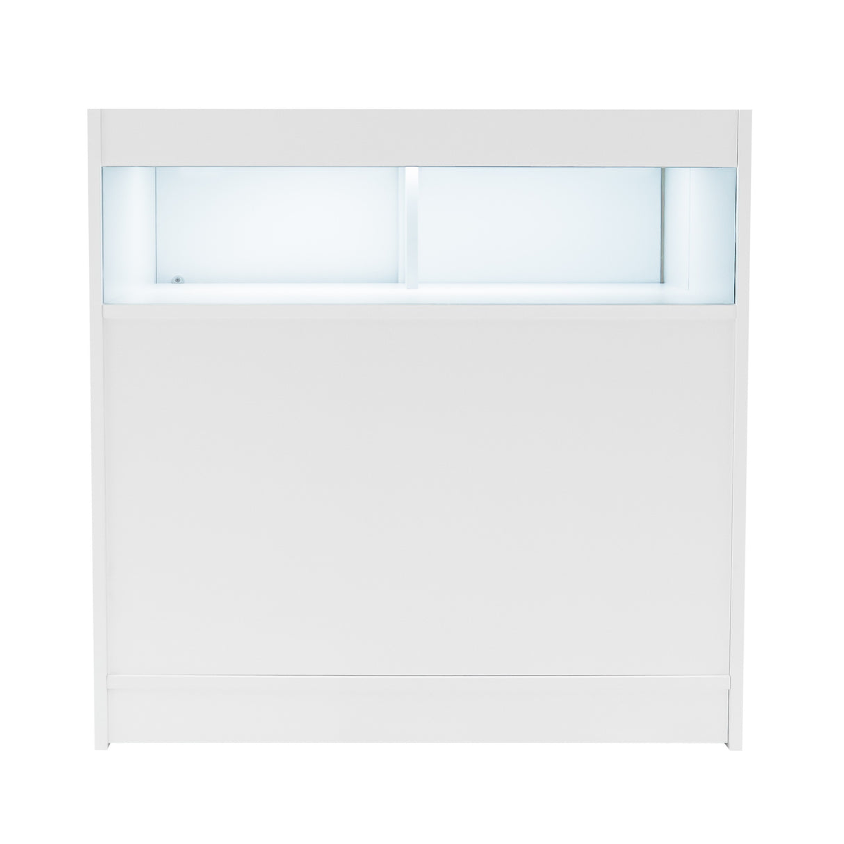 Moderne, weiße LED-Ladentheke mit glatter Oberfläche, integrierter Beleuchtung und zwei transparenten Fächern für Produkte oder Informationen