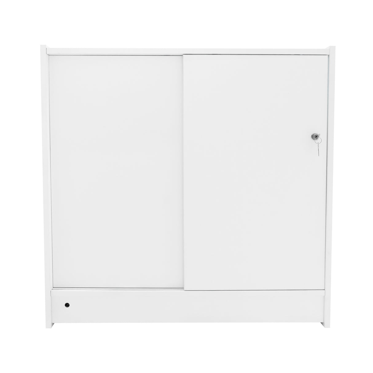 Moderne, weiße LED-Ladentheke mit zwei Schiebetüren, glatter Oberfläche und minimalistischer Form, ideal für Verkaufsräume und Ausstellungen