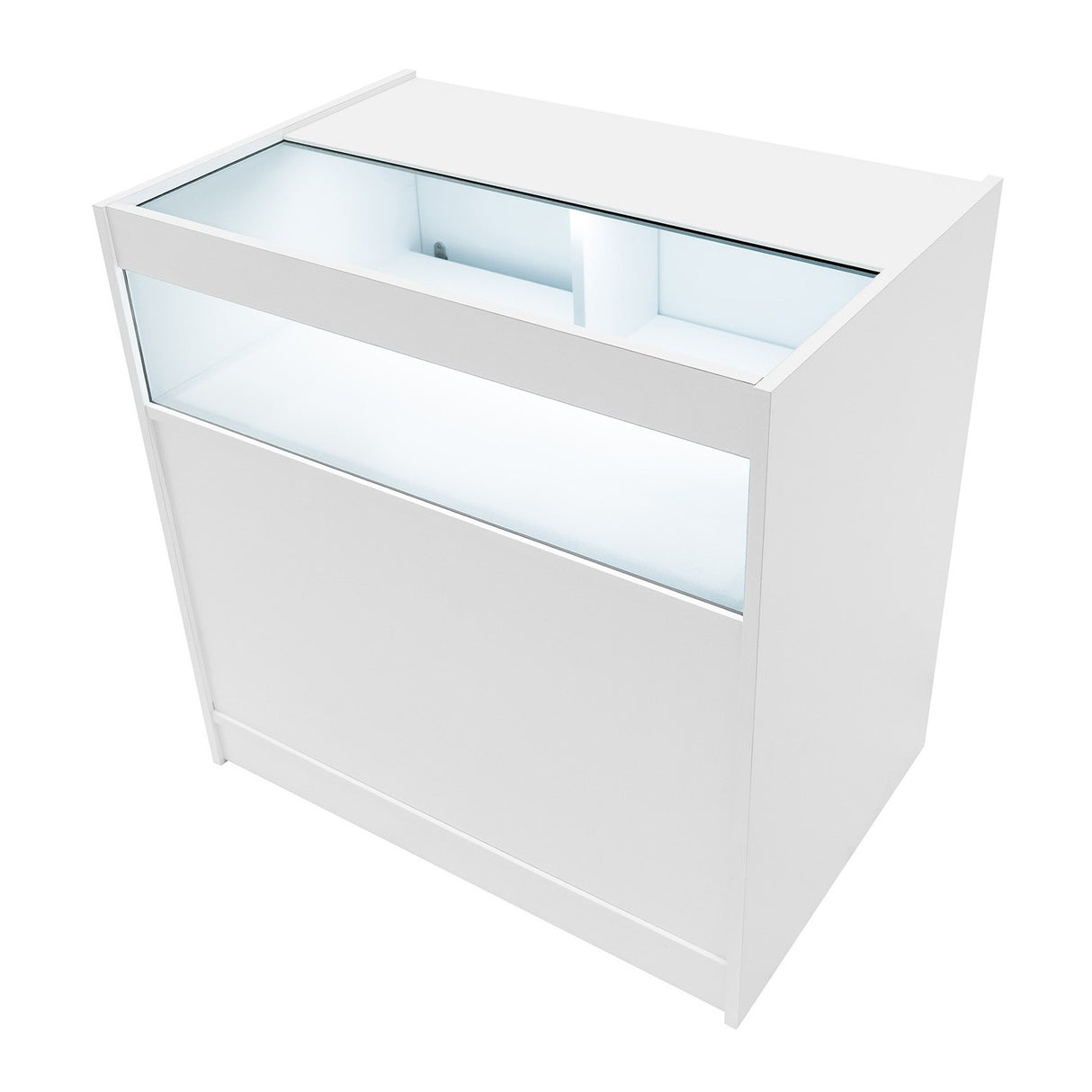 Moderne, weiße LED-Ladentheke mit gläserner Oberseite und beleuchtetem Innenraum, ideal für die Präsentation von Produkten in Geschäften