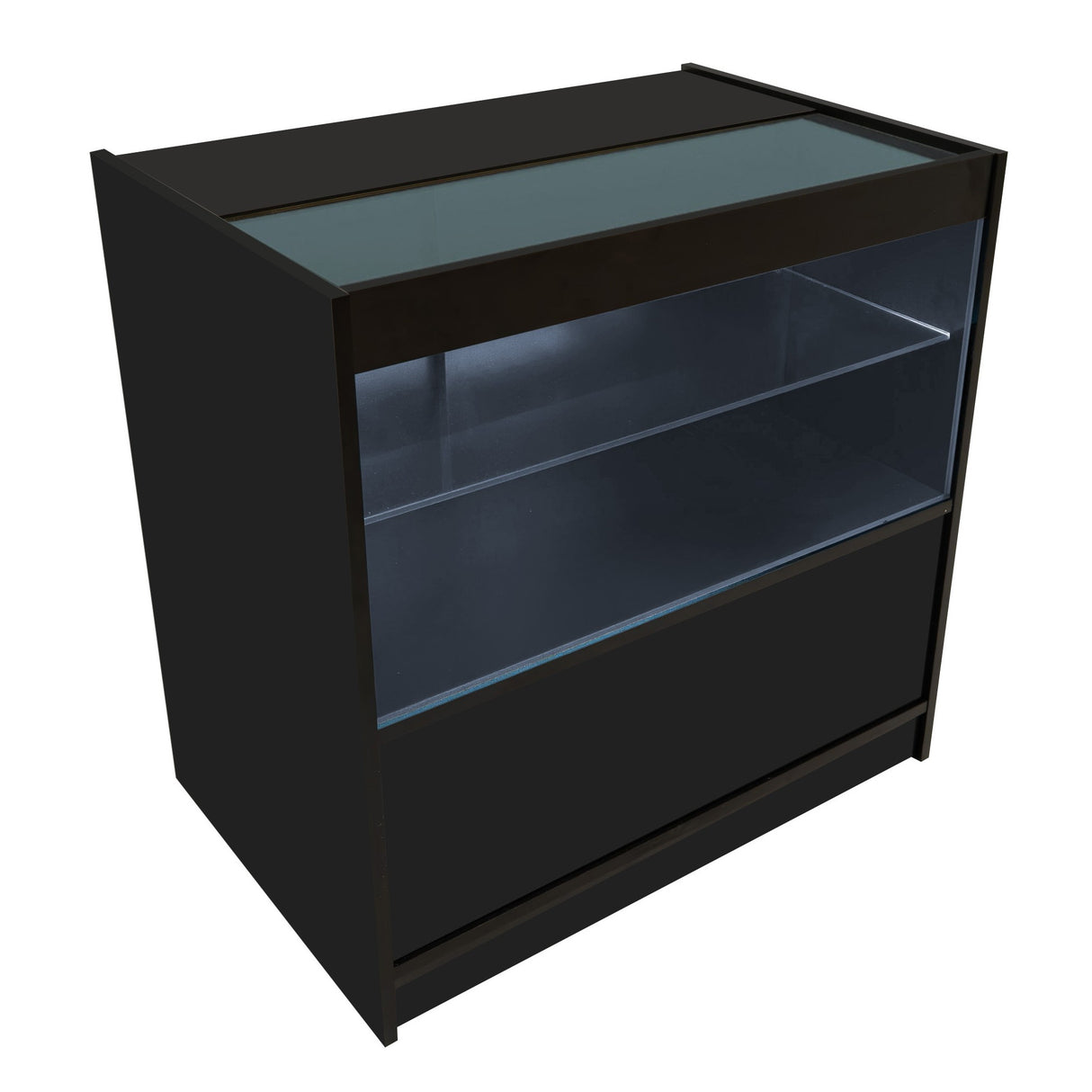 Schwarze LED-Ladentheke mit gläserner Oberseite, zwei offenen Regalen und beleuchtetem Innenraum, ideal für Verkaufsräume und Ausstellungen