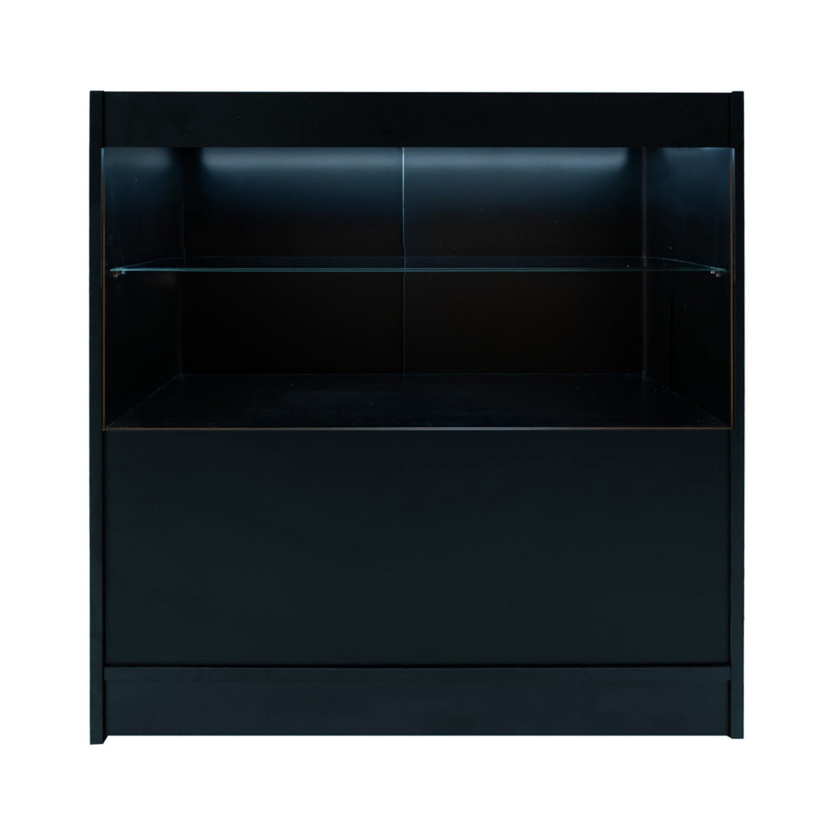 Schwarze LED-Ladentheke mit glattem Finish, beleuchtetem Oberteil und einer transparenten Glasablage für ansprechende Produktpräsentation