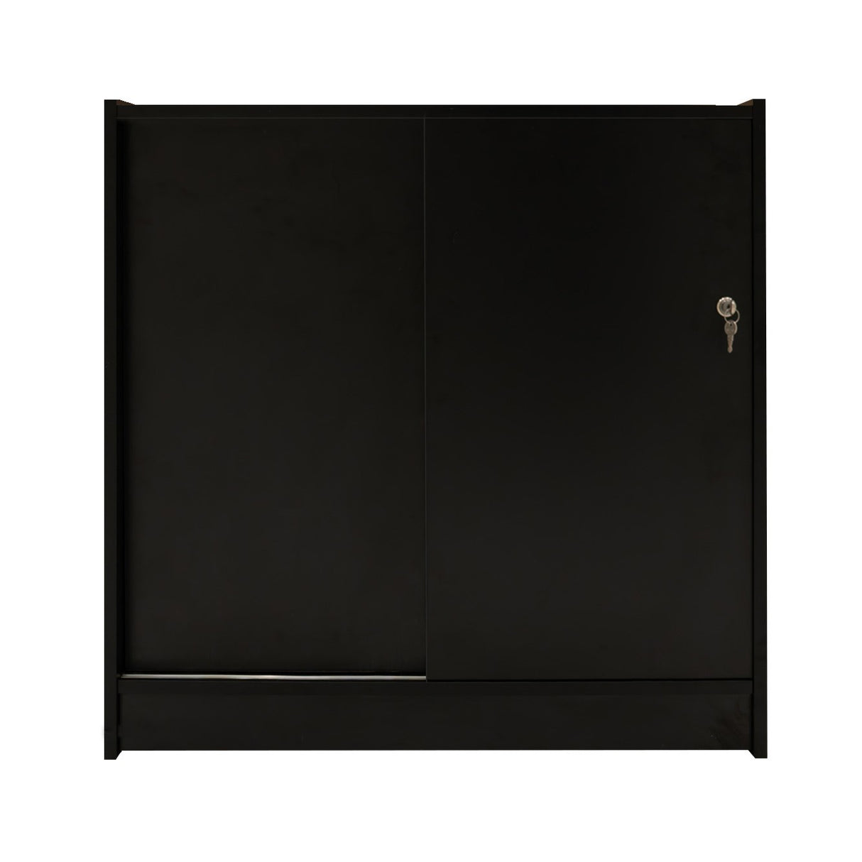 Schwarze LED-Ladentheke mit glatter Oberfläche, zwei Schiebetüren und einem Schlüssel, ideal für moderne Verkaufsräume und Ausstellungen