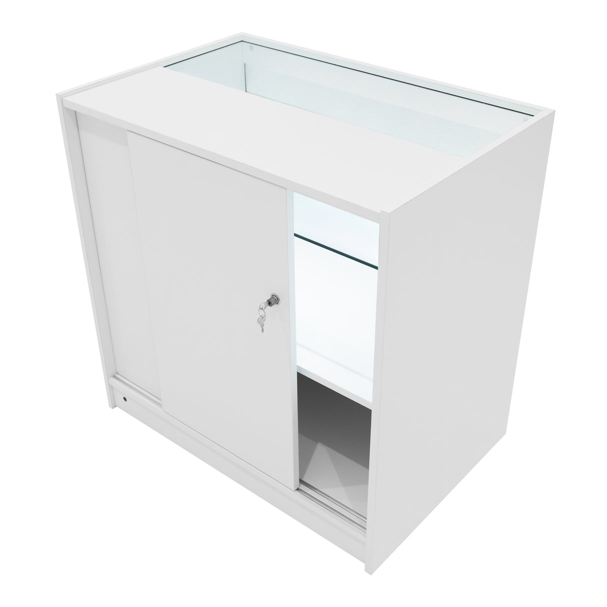 Moderne, weiße LED-Ladentheke mit Glasoberfläche, Schiebetür und beleuchtetem Innenraum, ideal für den Einzelhandel und Ausstellungen