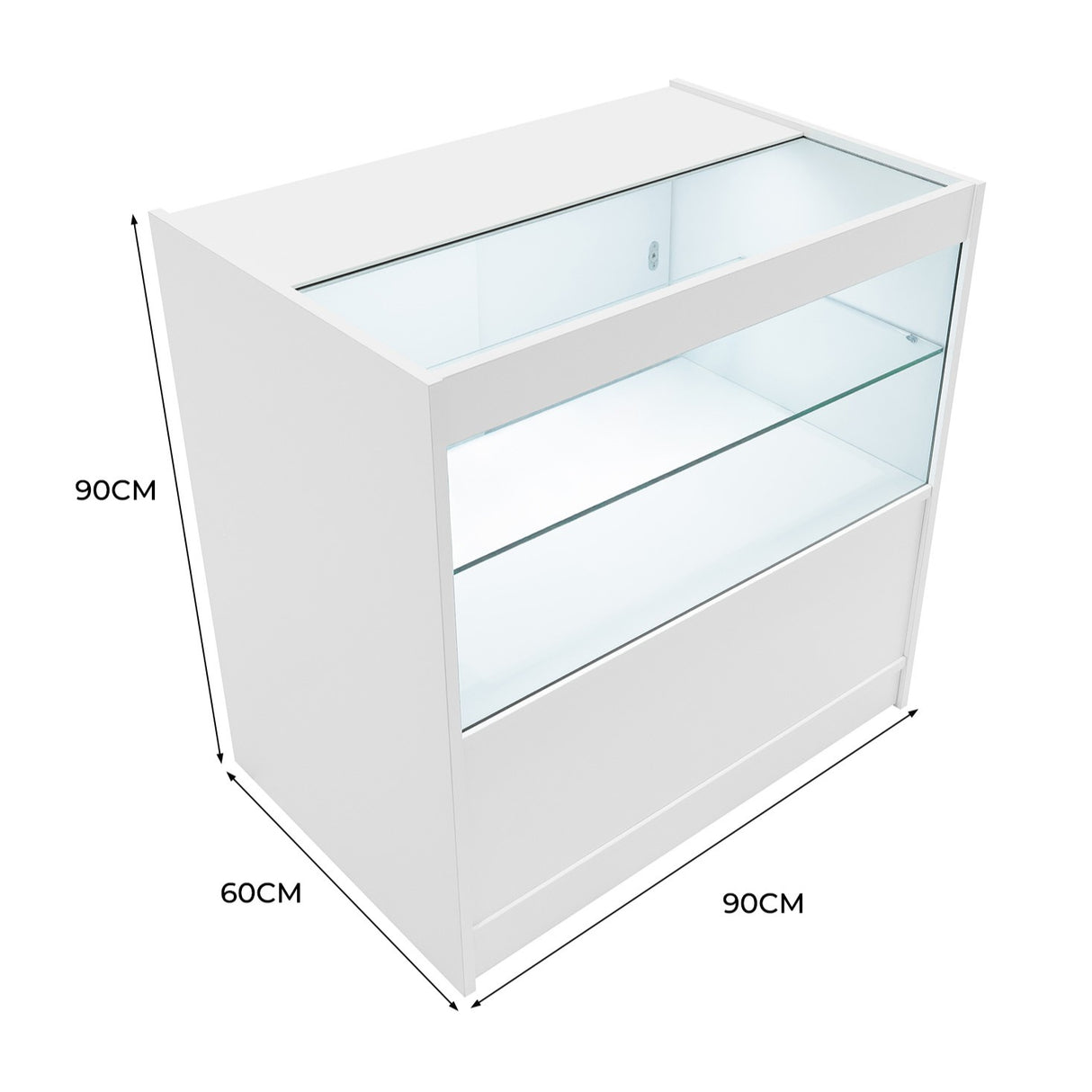 Moderne, weiße LED-Ladentheke mit Glasregalen, 90 cm hoch, 60 cm tief und 90 cm breit, ideal für die Präsentation von Produkten in Geschäften