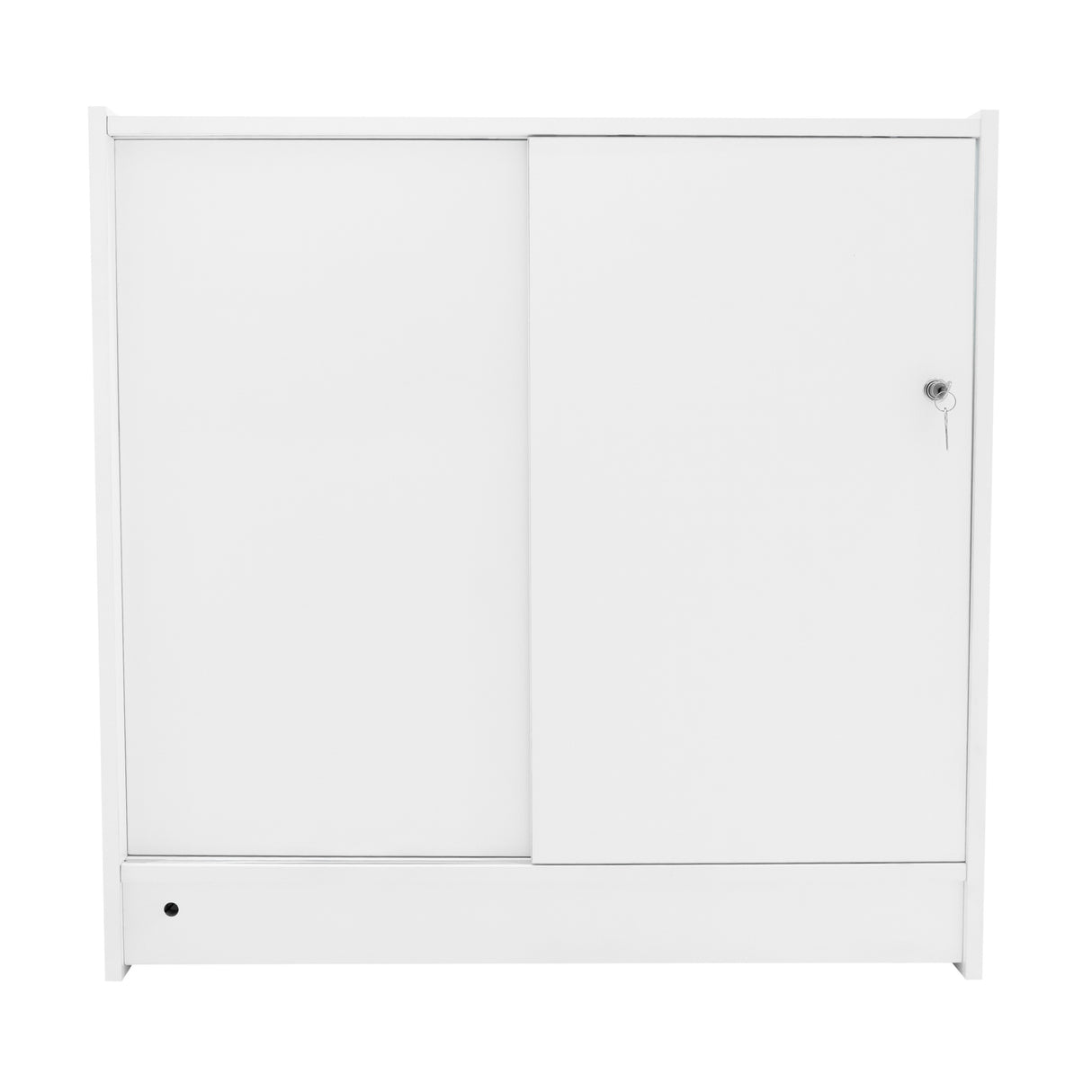 Moderne, weiße LED-Ladentheke mit zwei Schiebetüren, glatter Oberfläche und minimalistischer Form, ideal für Verkaufsräume und Ausstellungen