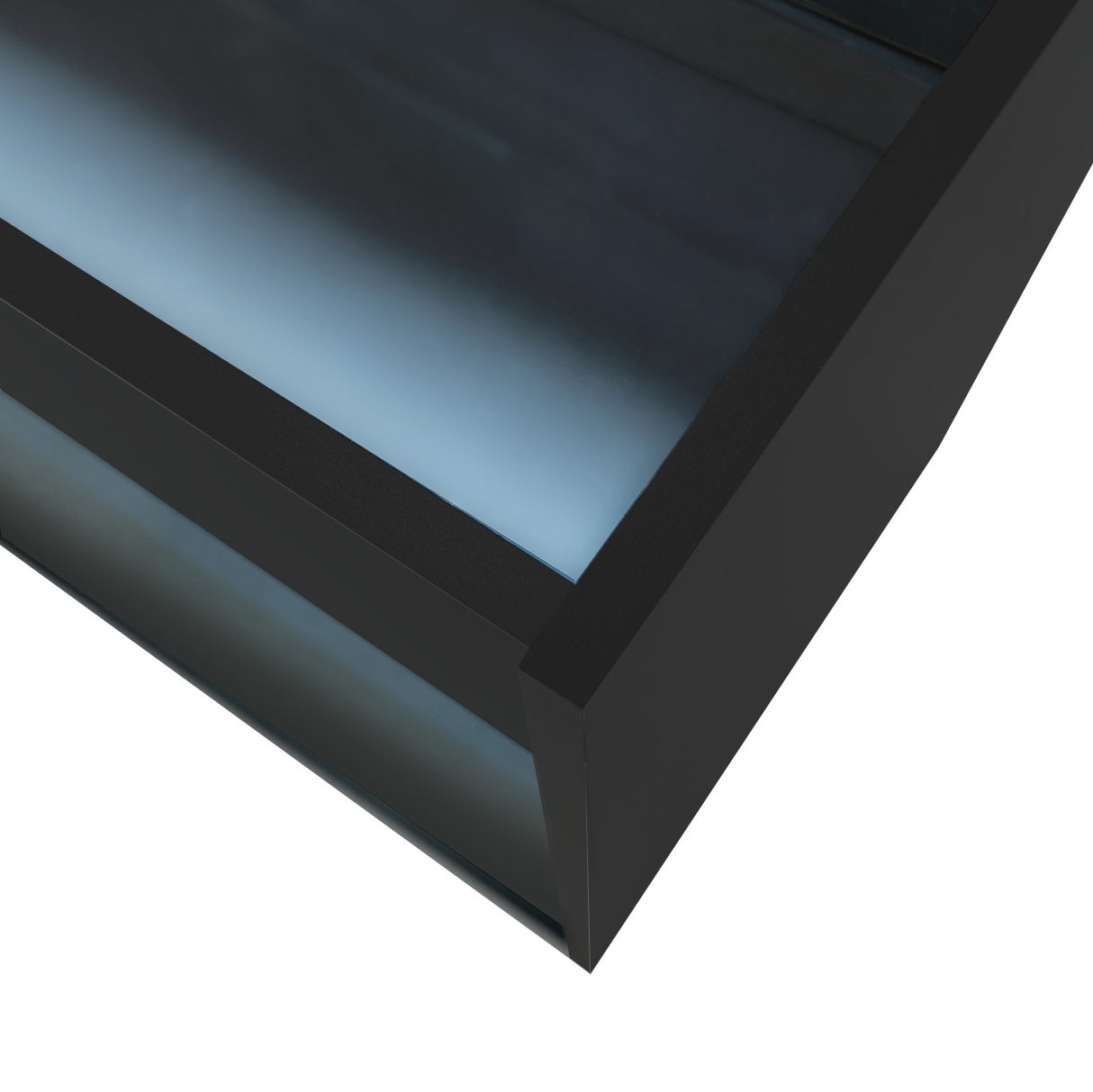 Schwarze K900 LED-Ladentheke mit glatter Oberfläche und sanftem, leuchtendem Licht, ideal für moderne Verkaufsräume und Ausstellungen
