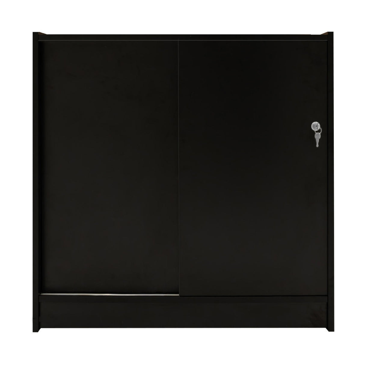 Schwarze LED-Ladentheke mit glatter Oberfläche, zwei Schiebetüren und einem Schlüsselverschluss, ideal für Verkaufsräume und Ausstellungen
