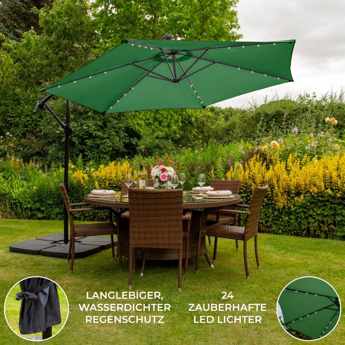 300cm LED Ampelschirm Sonnenschirm mit quadratischem Sockel - Grün
