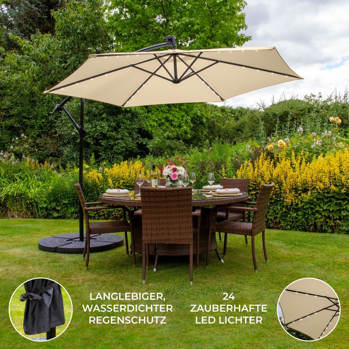 300cm LED Ampelschirm Sonnenschirm mit fächerförmigem Sockel - Beige