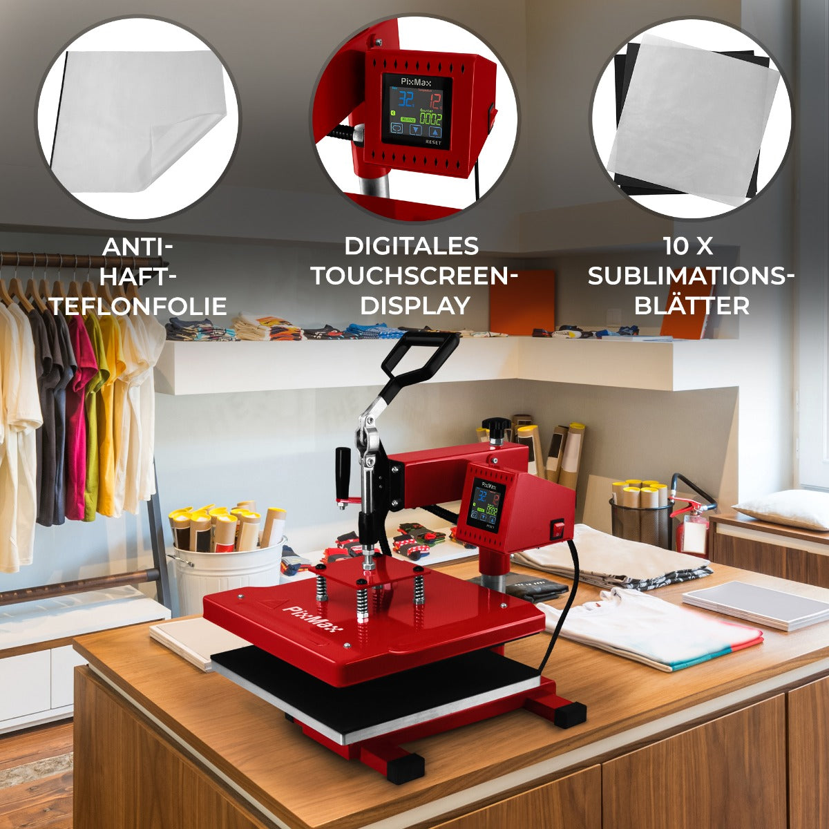 Schwenkbare Transferpresse 38cm x 38cm, PTFE-Matte & Sublimationspapier