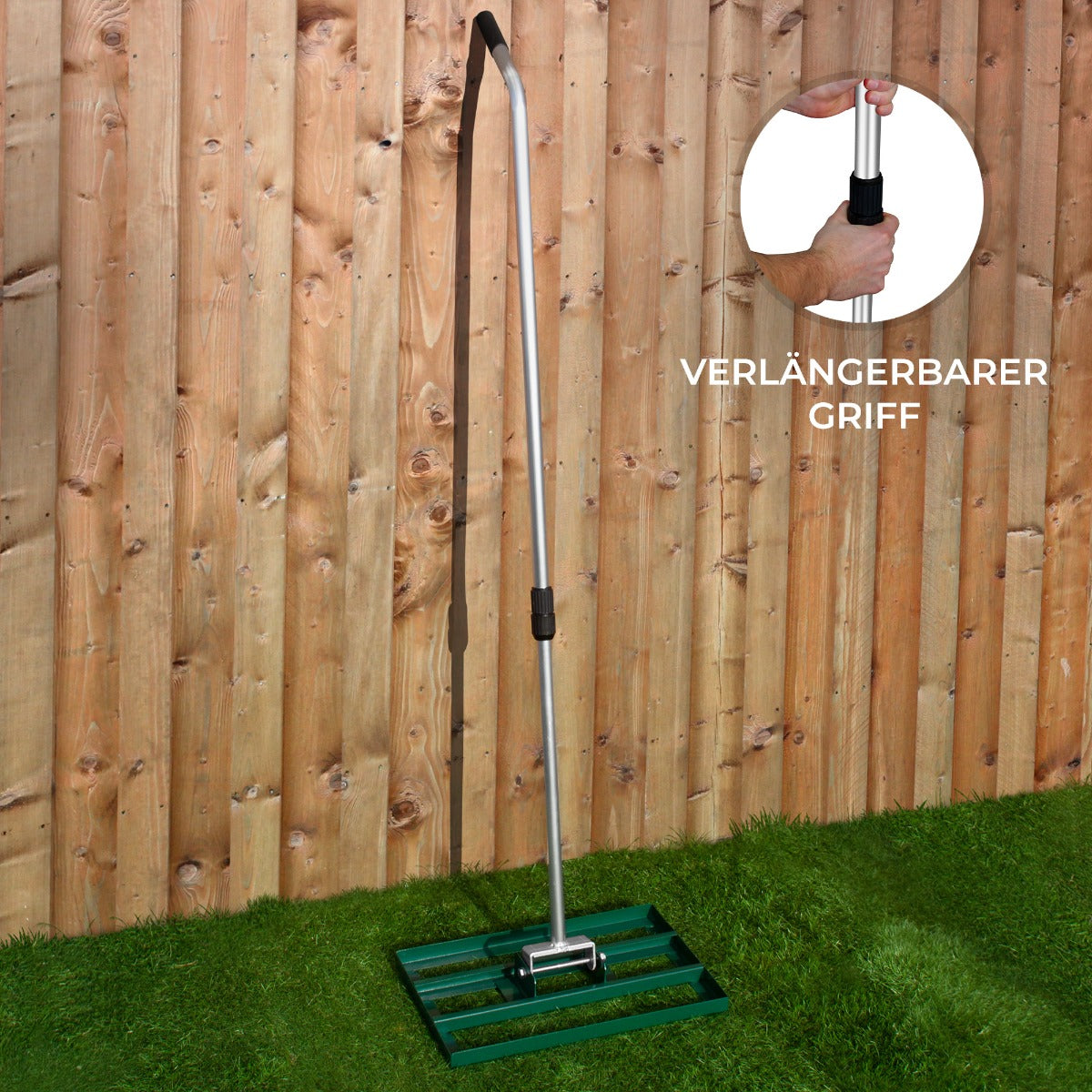 Grüner T-Mech Rasenrakel mit 50 cm breiter Arbeitsfläche, verstellbarem Aluminiumgriff und robuster Bauweise, ideal für Rasenpflege