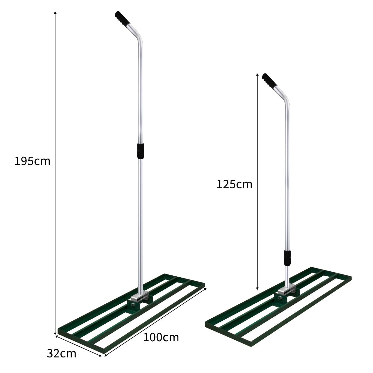 Grüner T-Mech Rasenrakel mit 100 cm breiter, stabiler Kunststofffläche und ergonomischem Griff, ideal zum Verlegen von Rollrasen und für Gartenarbeiten