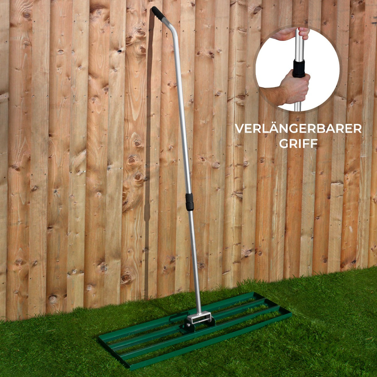 Grüner Rasenrakel mit 100 cm breiter Arbeitsfläche, verstellbarem Aluminiumgriff und robustem Design, ideal für die Rasenpflege und -gestaltung