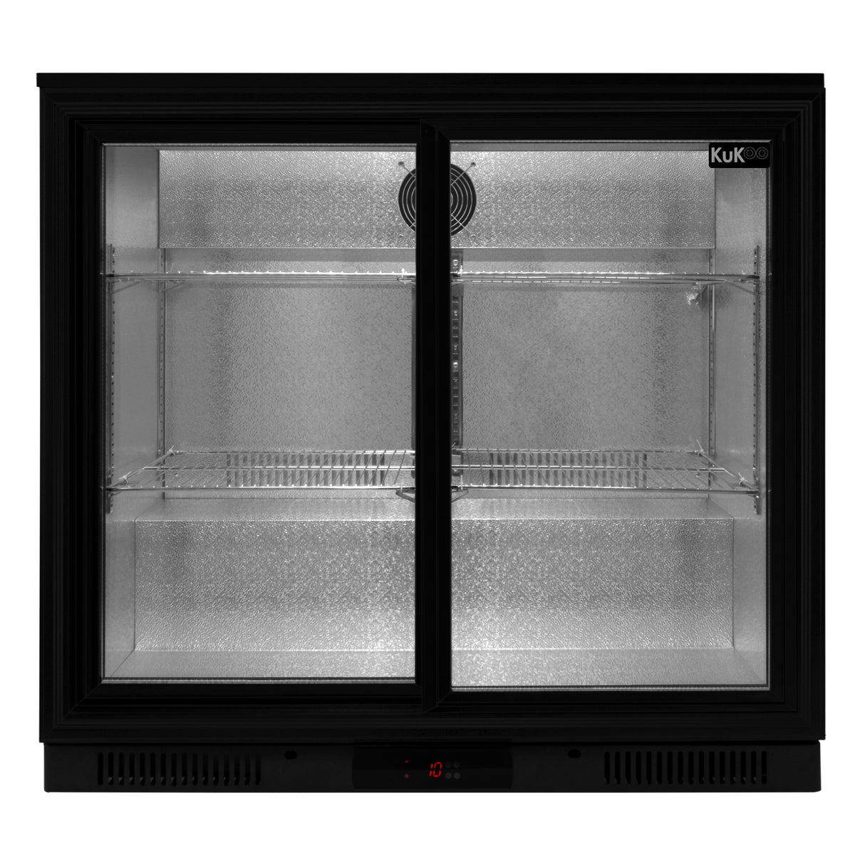 Schwarzer Kühlschrank mit Doppelschiebetüren, transparenten Regalen und LED-Beleuchtung, ideal für Bars zur optimalen Präsentation von Getränken