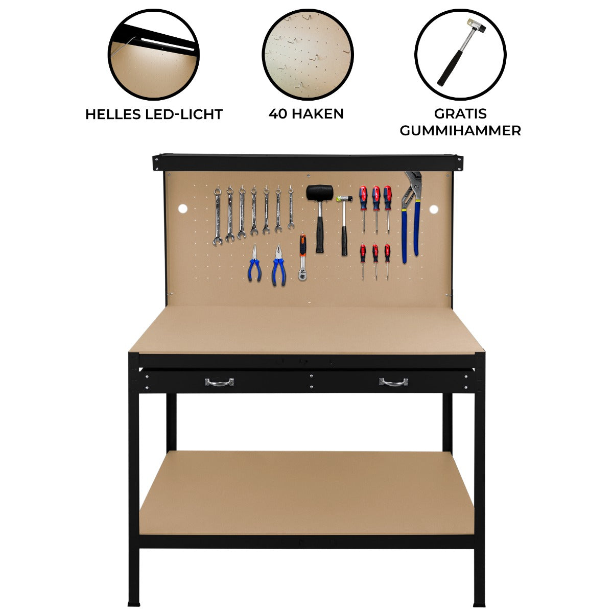 Werkbank mit Lochwand, Schublade & Licht - Schwarz