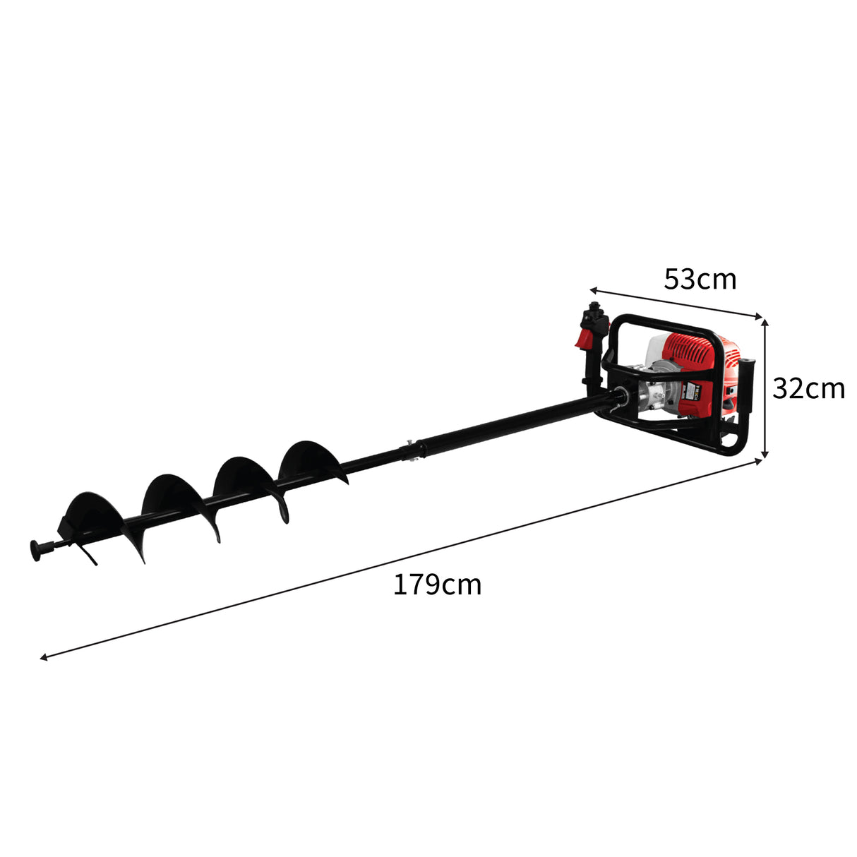 T-Mech Erdbohrer mit rotem Motor und schwarzem Bohrkopf, 120 mm Durchmesser, 179 cm lang, ideal für Garten- und Bauarbeiten