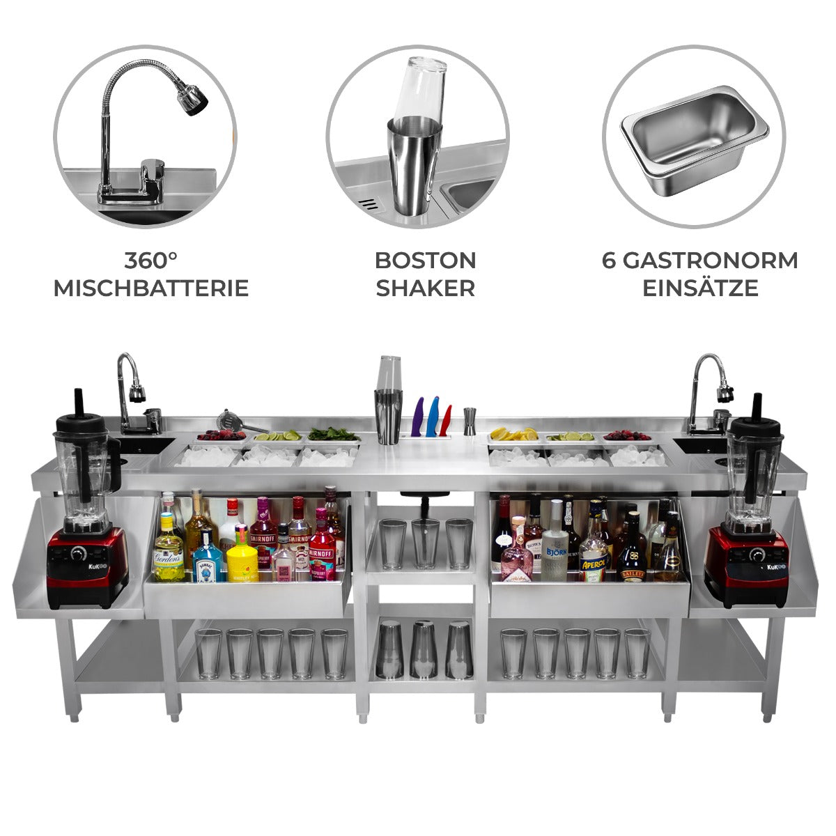 Elegante Duo-Barstation aus Edelstahl mit 360° Mischbatterie, Boston Shaker und sechs Gastronom-Einsätzen für eine stilvolle Barumgebung