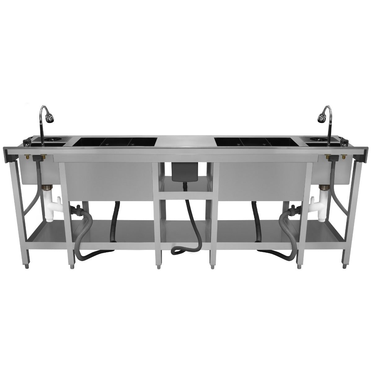 Kompakte Duo-Barstation aus Edelstahl mit zwei Waschbecken, flexiblen Wasserhähnen und stabiler Unterkonstruktion für Gastronomiebedarf