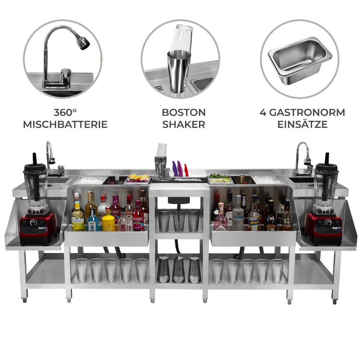 Kompakte Duo-Barstation aus Edelstahl mit 360° Mischbatterie, Boston Shaker, vier Gastro-Norm Einsätzen und Platz für Mixer und Getränke