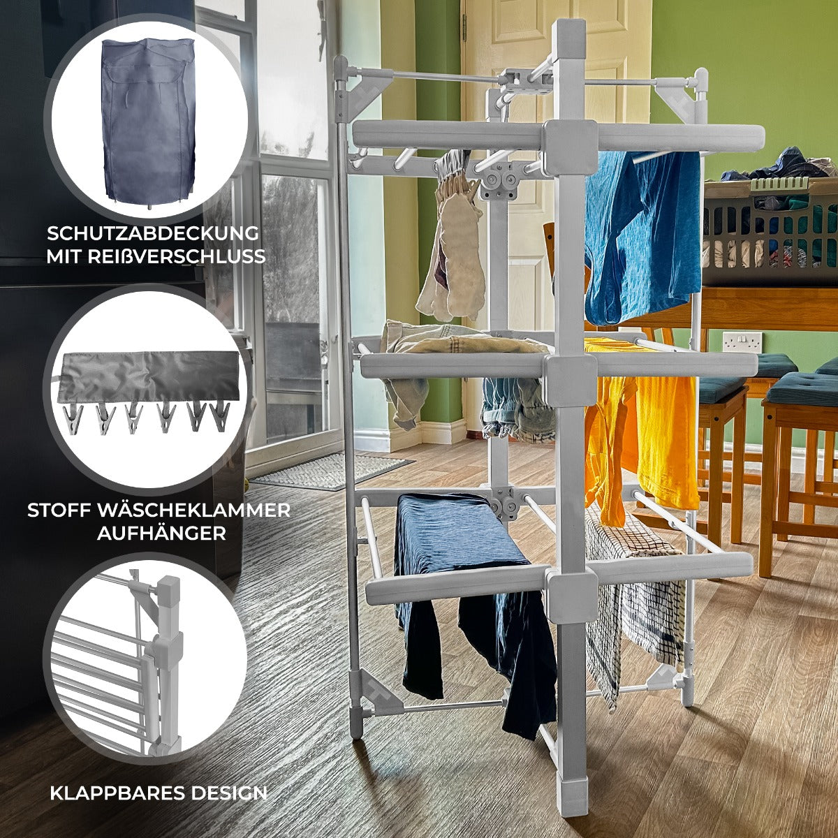 Elektrischer beheizter Wäscheständer in Weiß, mit mehreren Ebenen, umhüllt von bunten Handtüchern und Kleidung, klappbares Design für einfache Aufbewahrung