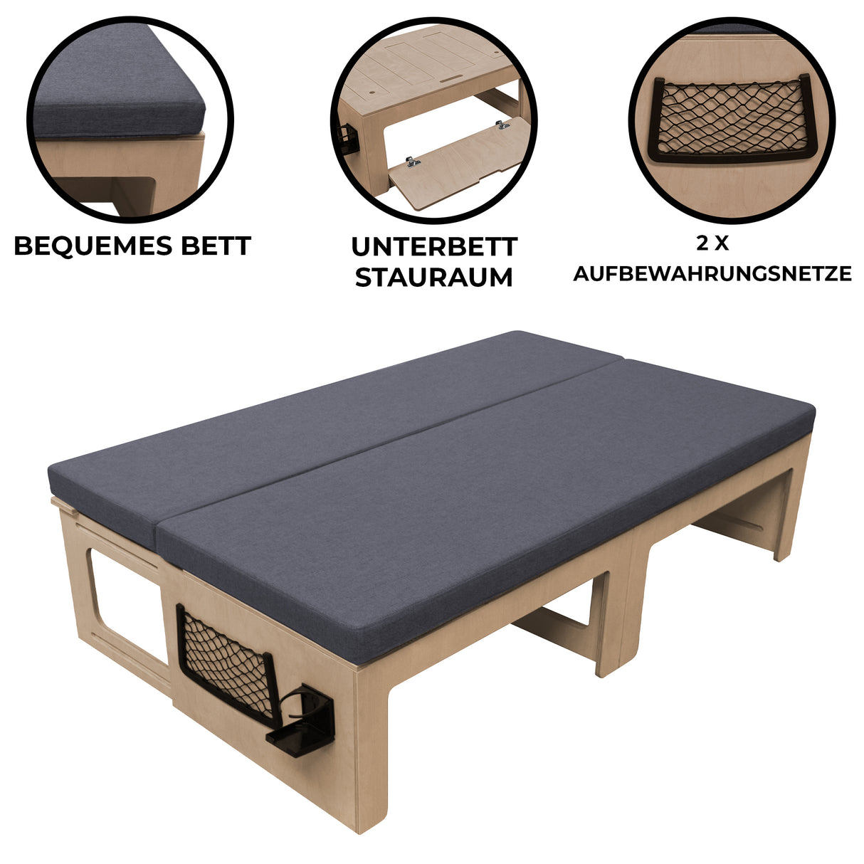 Bequemes Wohnwagenbett mit grauem Polster, aus Holz gefertigt, bietet Stauraum unter dem Bett und zwei praktische Aufbewahrungsnetze an den Seiten