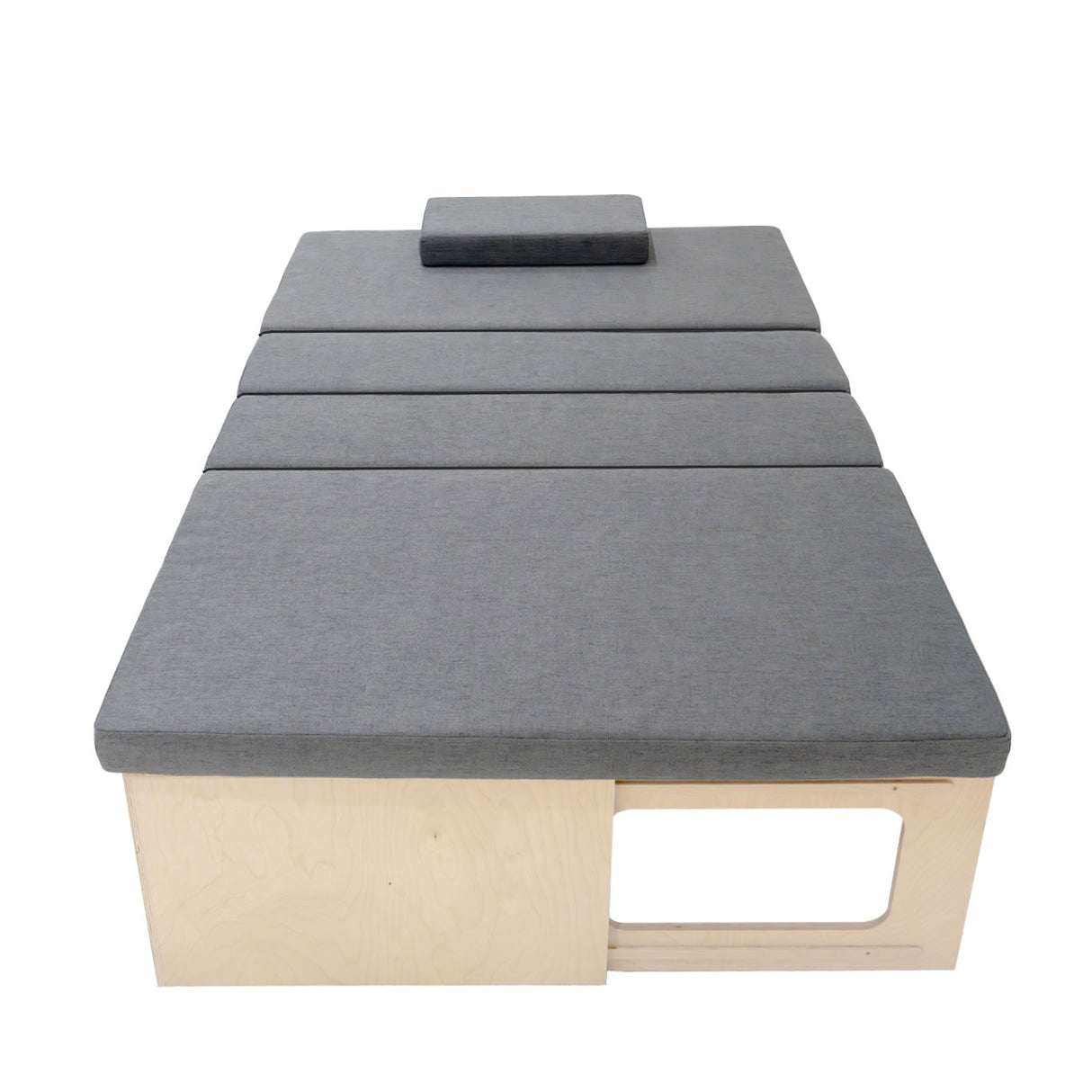 L-förmiges Bett für Wohnmobile in Grau mit weichen Kissen, Stauraum und verschiebbarem Sofa, ideal für komfortable Schlaf- und Sitzgelegenheiten