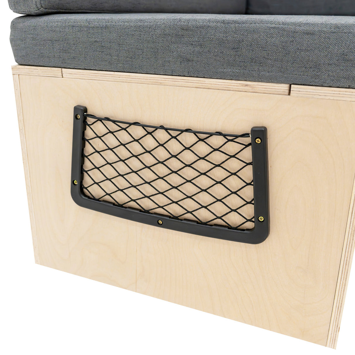 Holzbank mit Stauraum, graues Polster, Netzfach für zusätzlichen Platz, modernes Design, ideal für Wohnmobile und flexible Raumnutzung