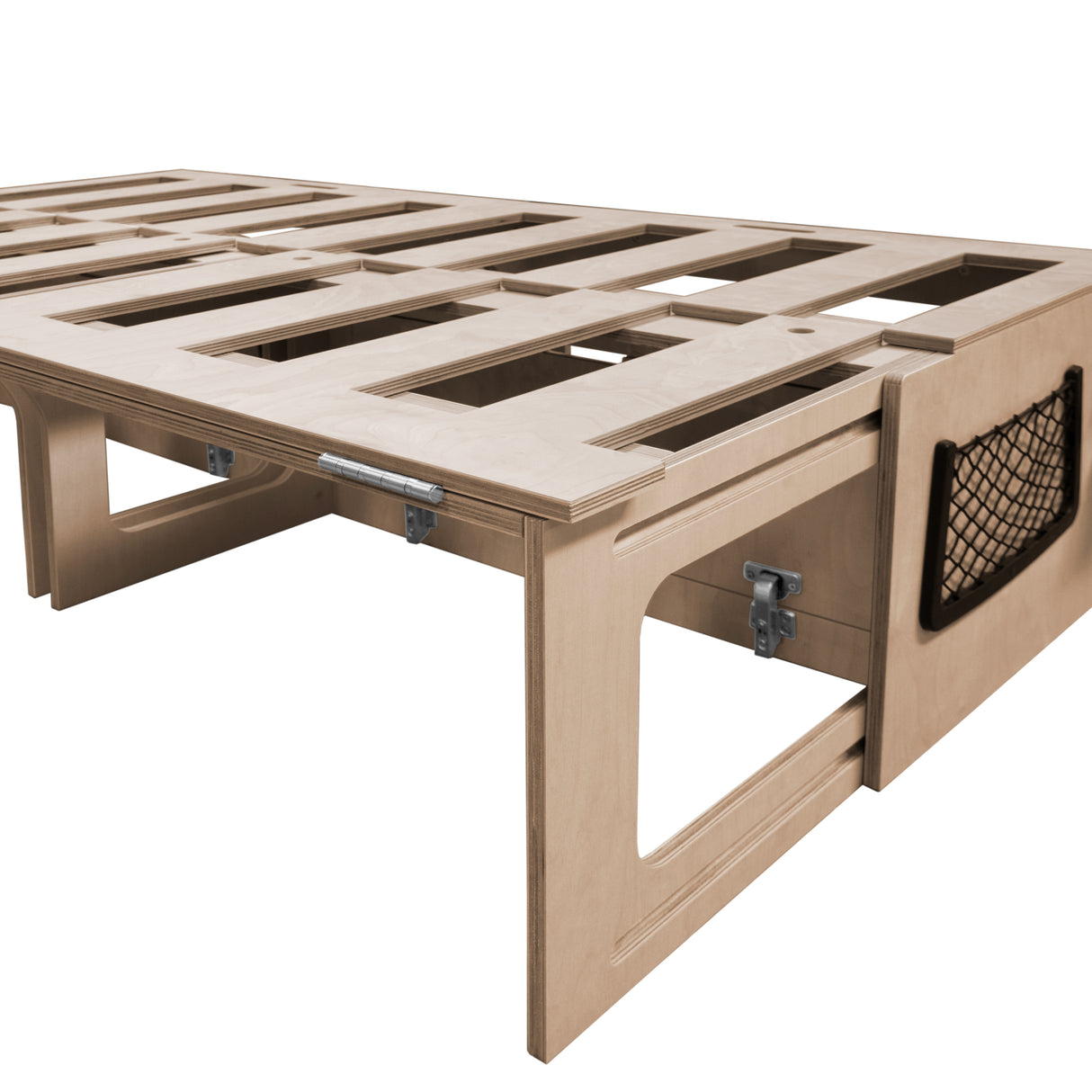 L-förmiges Bett aus hellem Holz für Wohnmobile, mit Stauraum und verschiebbarem Sofa, 1800 x 1200 mm, zeigt stabile Konstruktion und praktische Netztasche