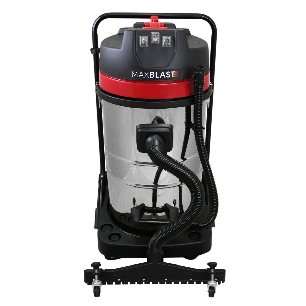Hochglänzender 80-Liter-Staubsauger mit rotem Deckel, schwarzem Rahmen und flexibler Schlauchverbindung, ideal für effizientes Reinigen großer Flächen