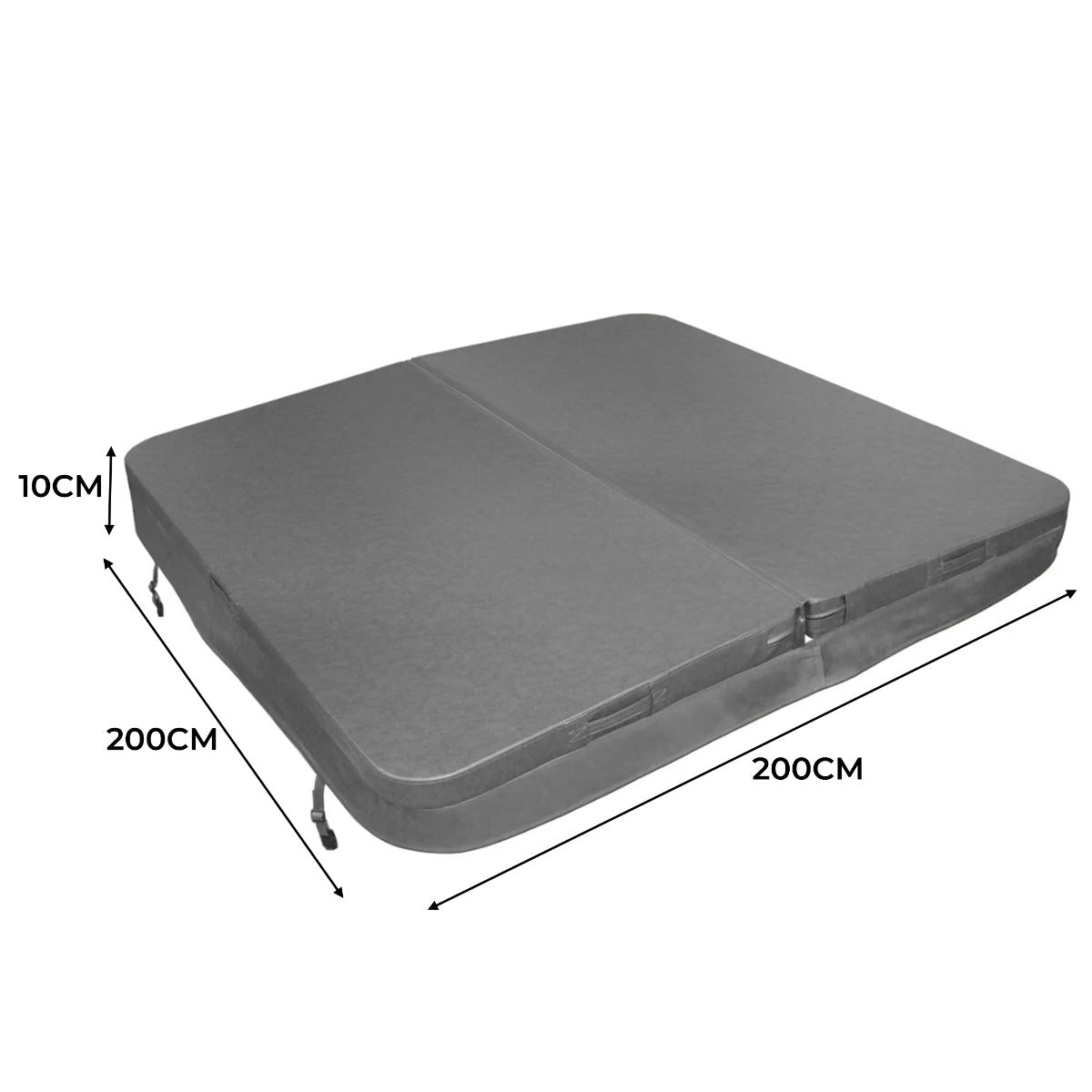 Grau farbige Whirlpool Abdeckung aus strapazierfähigem Material, quadratisch mit Maßen 200 cm x 200 cm und einer Dicke von 10 cm, ideal für Schutz und Isolierung