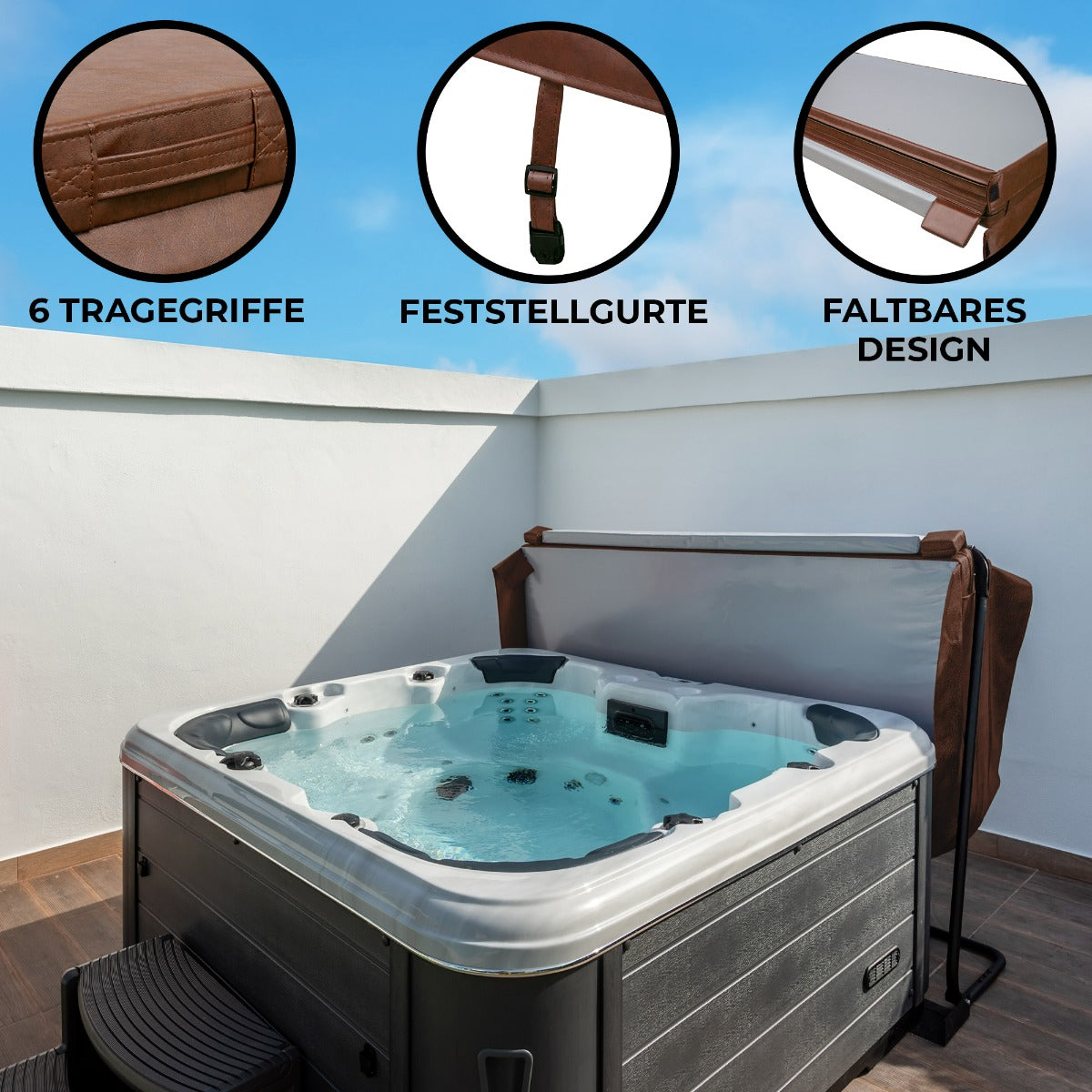 Braune 2m Whirlpool Abdeckung mit 6 Traggriffen, Feststellgurt und faltbarem Design, ideal für Schutz und Isolierung des Whirlpools