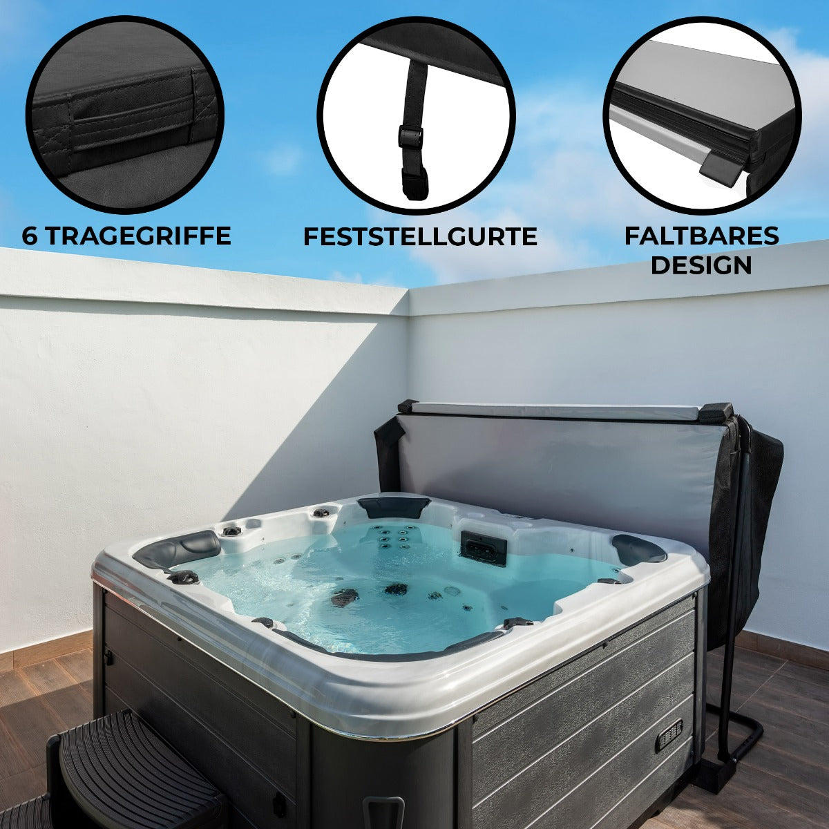 Schwarze 2m Whirlpool-Abdeckung mit 6 Tragegriffen, Feststellgurten und faltbarem Design, ideal zum Schutz und zur Isolierung des Whirlpools