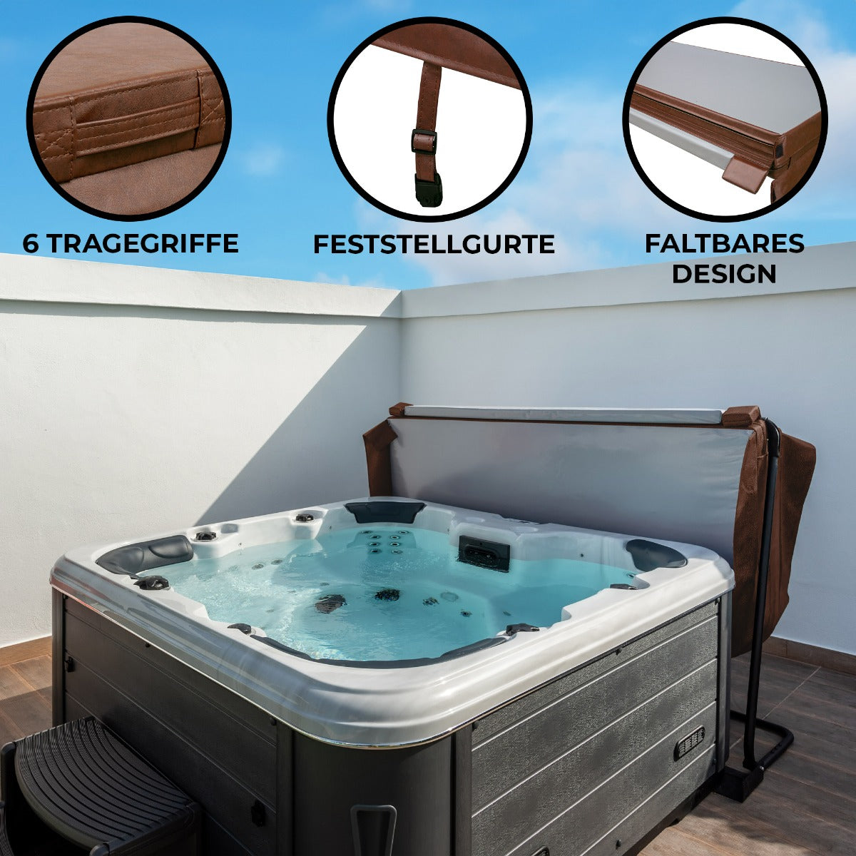 Braune 2,1 m Whirlpool-Abdeckung mit sechs Traggriffen, Feststellgurten und faltbarem Design, passend für verschiedene Whirlpool-Modelle