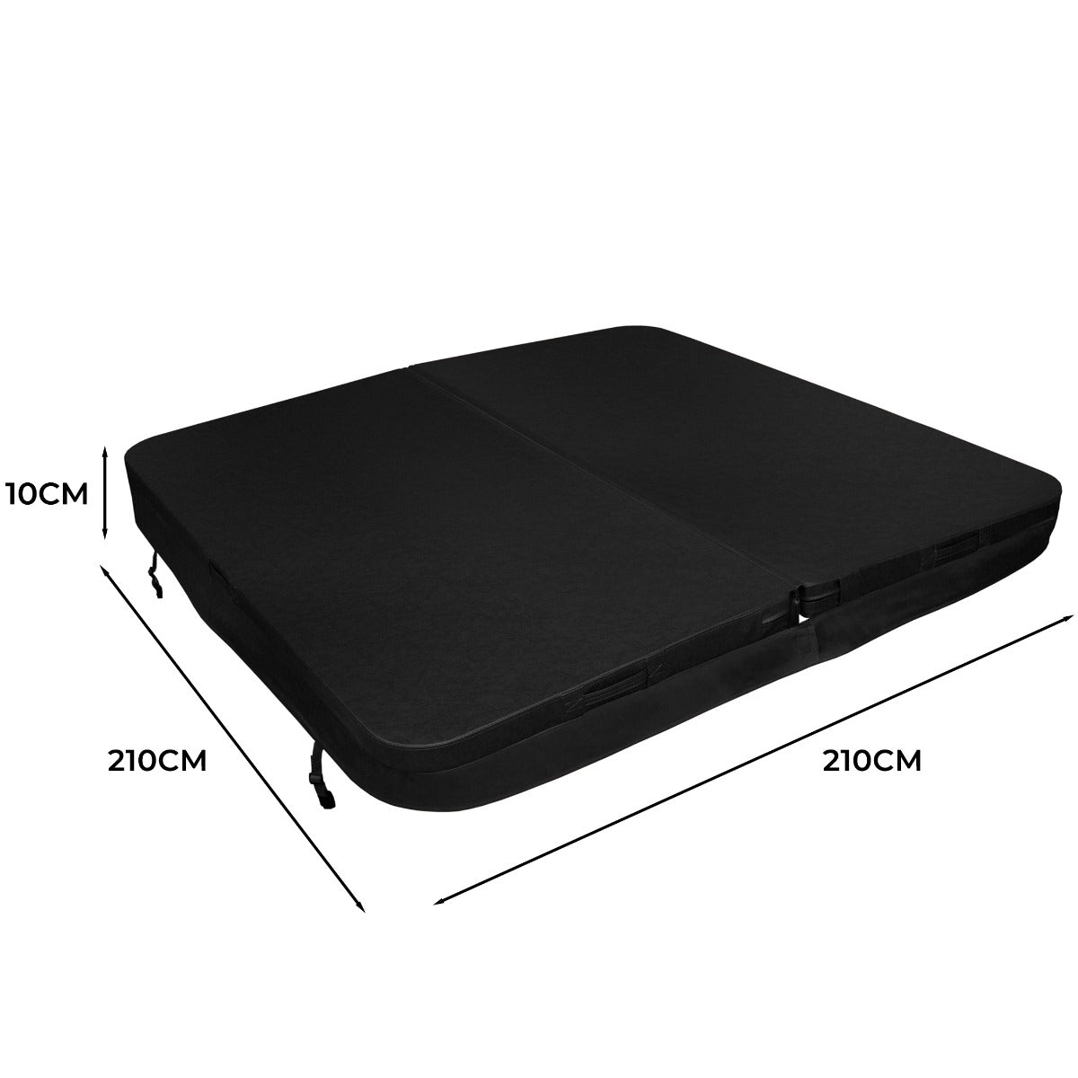Schwarze Whirlpoolabdeckung mit einer Größe von 2,1 m x 2,1 m und einer Dicke von 10 cm, aus strapazierfähigem Material und mit stabilen Befestigungen