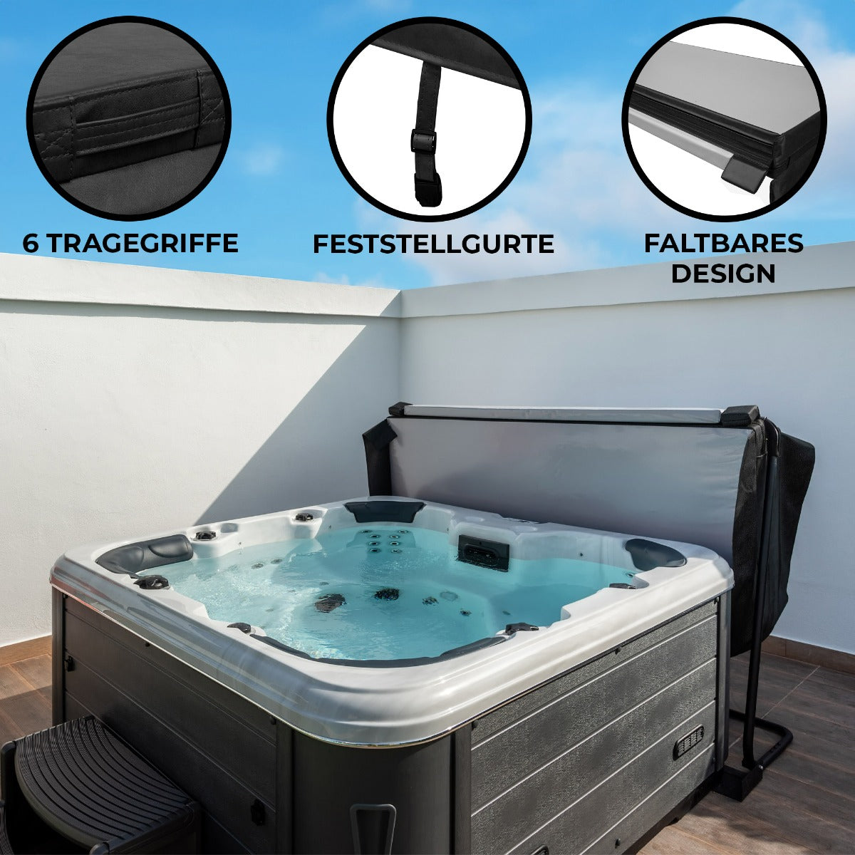 Schwarze 2.1m Whirlpool Abdeckung mit sechs Tragegriffen, Feststellgurten und faltbarem Design, perfekt für Schutz und einfache Handhabung