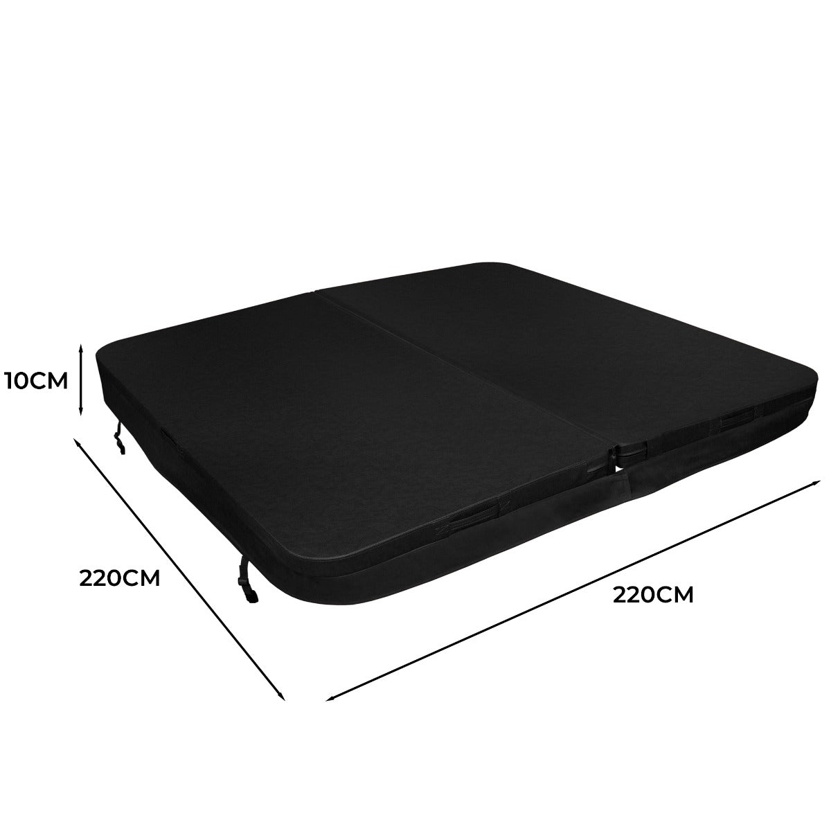 Schwarze Whirlpool-Abdeckung aus strapazierfähigem Material, quadratisch mit den Maßen 220 cm x 220 cm und einer Dicke von 10 cm, idealer Schutz für Whirlpools