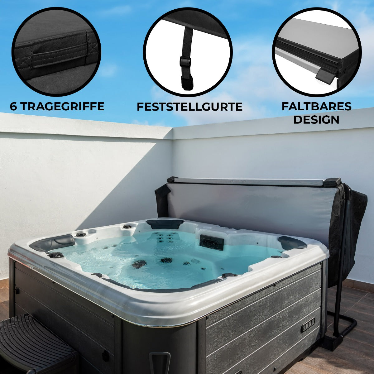 Schwarze Whirlpool-Abdeckung mit 6 Tragegriffen, Feststellgurten und faltbarem Design, passend für einen 2,2 m großen Whirlpool, auf einer Terrasse platziert