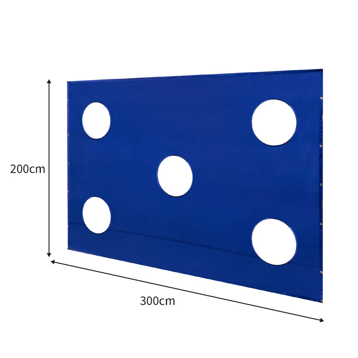 Blaues Golfkäfignetz mit fünf runden Zielöffnungen, ideal für das Golftraining, aus strapazierfähigem Material, misst 300 cm x 200 cm