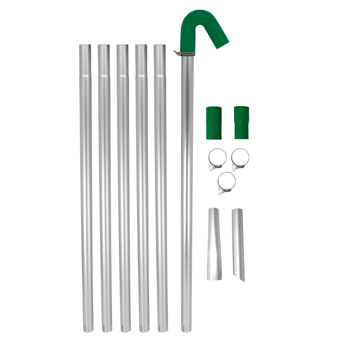 Maxblast Saugstange für Dachrinnen mit fünf Aluminiumrohren, grünem gebogenem Ende und zwei Aufsatzstücken zur effektiven Reinigung von nassen und trockenen Oberflächen