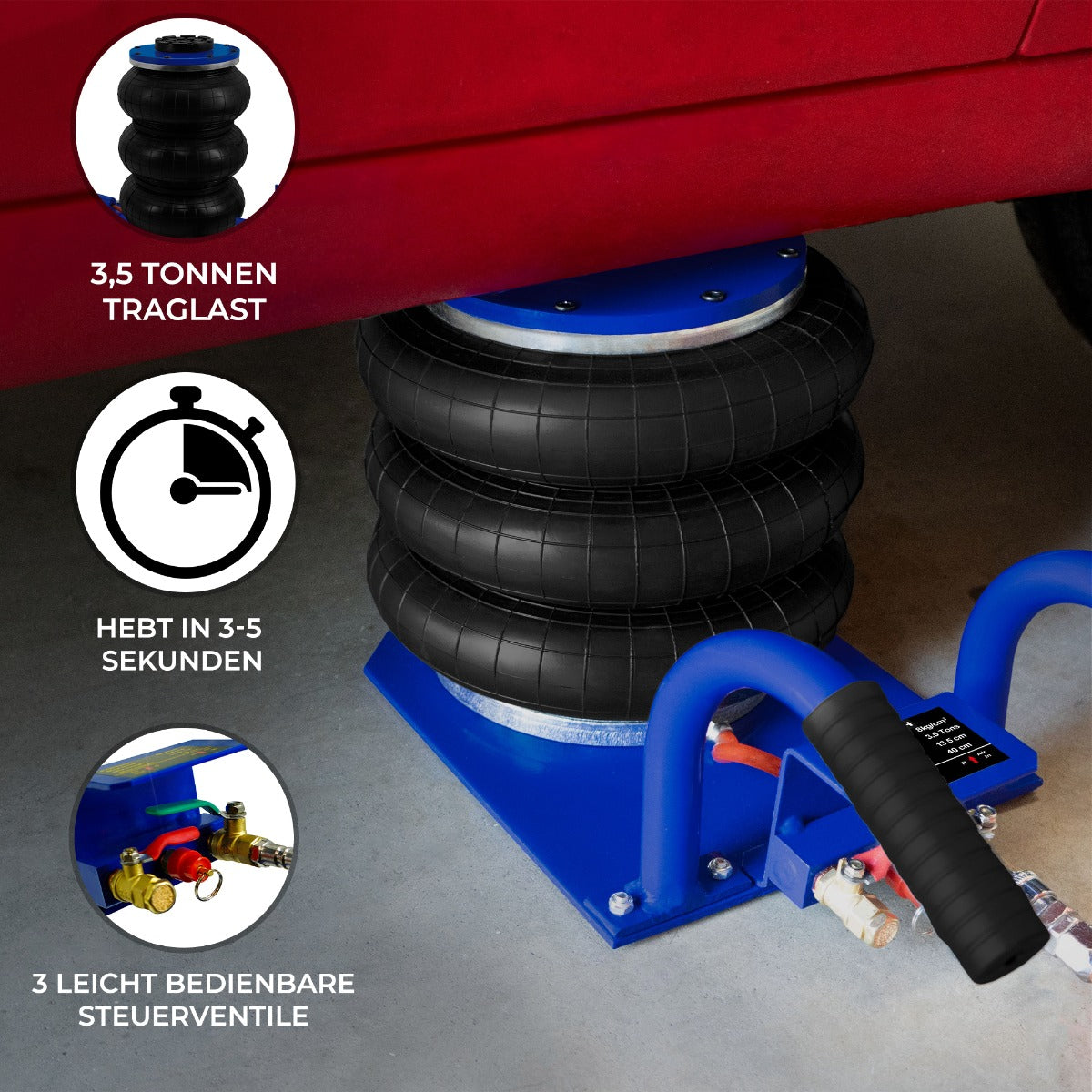 Pneumatischer Wagenheber mit drei schwarzen Luftkissen, blauer Basis und ergonomischem Griff, ideal für Fahrzeuge bis 3,5 Tonnen, hebt schnell in 3-5 Sekunden
