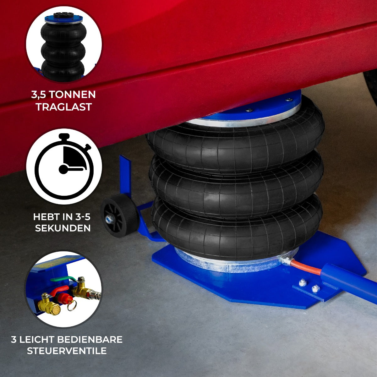 Pneumatischer Wagenheber mit langem Hebelgriff, drei stabilen Luftkissen, blauer Basis und leicht bedienbaren Steuerventilen, ideal für 3,5 Tonnen Traglast