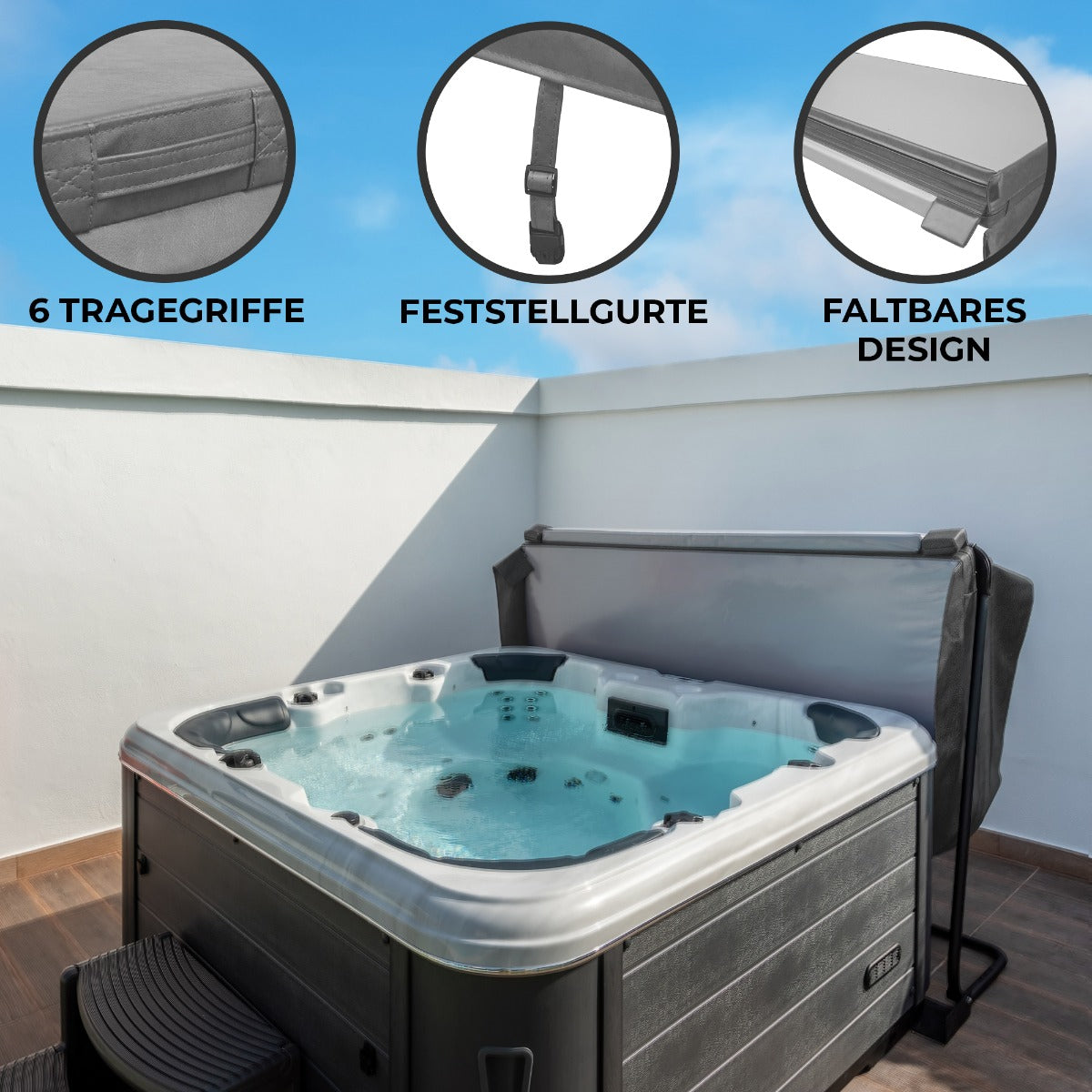 Grau gefärbte 2m Whirlpool Abdeckung mit 6 Tragegriffen, Feststellgurten und faltbarem Design, ideal für den Schutz und die Isolierung des Whirlpools